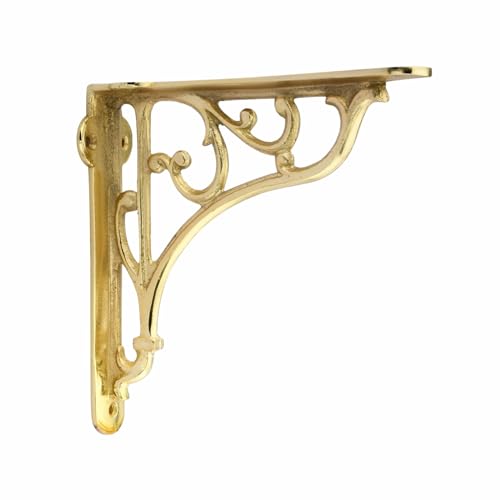 Image of GHAR DWAR Metal Handcrafted Shelf Bracket for Floating Shelves L Angle Decorative L Shaped Corner Brace Joint Heavy Duty Wall Mounted Shelf Supporter Brace Holder (Gold, Pack of 2)