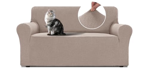 BellaHills Stretch Sofabezug 2 Sitzer (135-165cm), Sofaschoner rutschfest Mit Armlehne, Waschbare Couch Überzug, Decke Sofa Schutz Für Haustiere, Sand