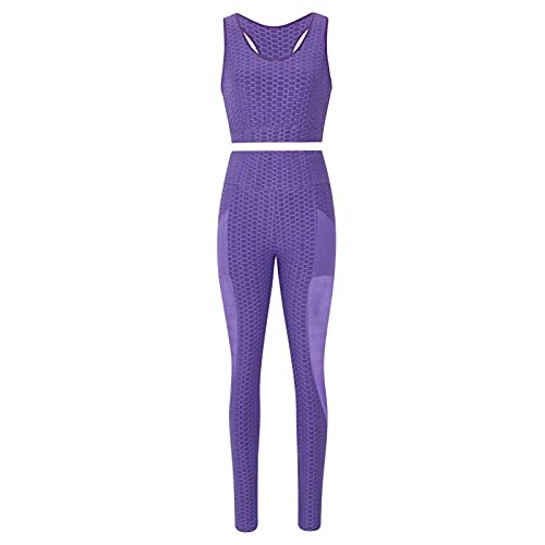 Women 2 Piece Workout Set Sports Bra And Leggings Plus Size Yoga Outfits High Waisted Textured Tracksuit Activewear (Purple, Xl) #TOP2