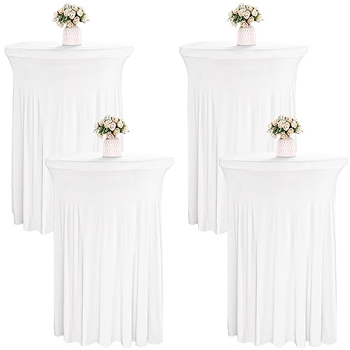 JALANCY 4 Packs 32 x 43 Inch Spandex Round Cocktail Table Skirts Stretch Cocktail Table Cover Fitted for High Top Tables for Wedding Bar Party Banquet (White)