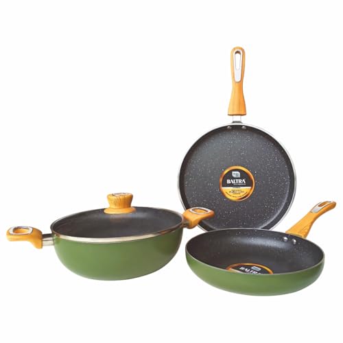 Image of BALTRA Duron Greblon Non-Stick 4 Pc Cookware Set with Glass Lid | 5 Layer Coating | Gas & Induction Compatible | Dosa Tawa 24cm | Fry Pan 24cm | Kadai 24cm | ISI Certified | 1 Yr Warranty