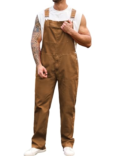 Yuanbang Overalls for Men Denim Jumpsuit Brown Bib Coveralls with Zipper(Caramel M)