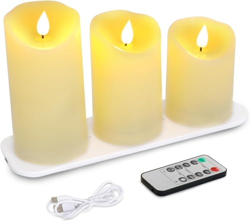 Image of Set of 3 Rechargeable Flameless LED Candles | Ivory Wax Look Plastic Candles with Remote Control and Wireless Charging Pad | Home Decor | Diwali | Festivals | Gifting | 3 inchx4 inch, 5 inch, 6 inch