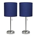 Simple Designs LC2001-NAV-2PK Brushed Steel Stick Table Lamp Set with Charging Outlet and Navy Blue Fabric Shades, 2 Pack Set