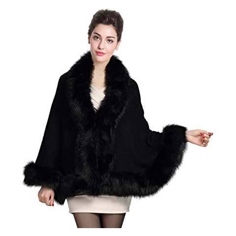 BEAUTELICATE Capa de Abrigo Punto con Chal de Piel Sintética de Conejo Poncho Estola de Pelo Mujer Cardigan de Boda para Fiesta Invierno Cover