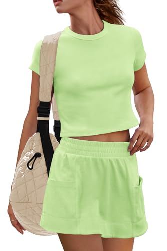 Panadila Womens Skort Sets 2 Piece Outfits Ribbed Short Sleeve