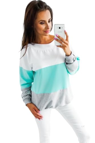 Winter new casual contrasting color patchwork hoodie round neck long sleeved loose pullover top(Lake Blue,S)