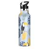 OWFKAY Fußball-Wasserflasche für Kinder, isoliert, für Jungen und Mädchen, 600 ml, Edelstahl-Trinkflasche, Strohhalm, vakuumisoliert, auslaufsicher, Thermoskan-Motiv