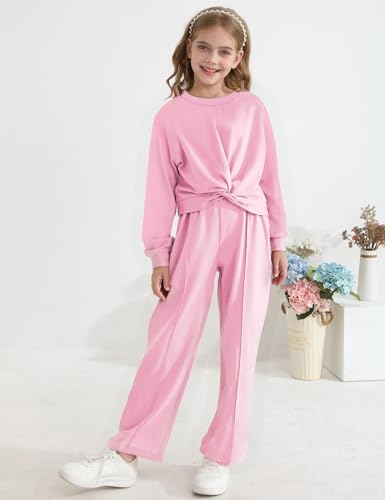 Zupora Girls Fall Outfits 2 Piece Sweatsuit Twist Front Pullover Sweatshirt Wide Leg Sweatpants Tracksuit Kid Clothing Set2