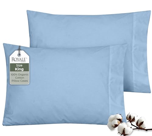 Image of ROYALE LINENS 100% Organic Cotton Percale Pillowcases Set of 2 - King Size Percale Pillowcase - King Set of 2 Pillow Cover - Breathable, Cool & Crisp Lake Blue Pillow Cases (20 inchx40 inch, Lake Blue)