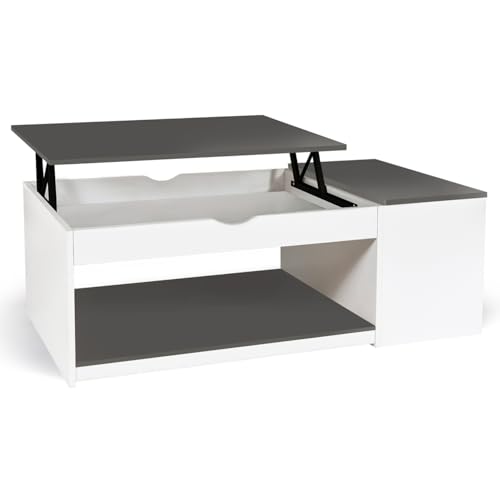 IDMarket – Mesa baja rectangular ELEA con maletero de madera, color blanco y gris