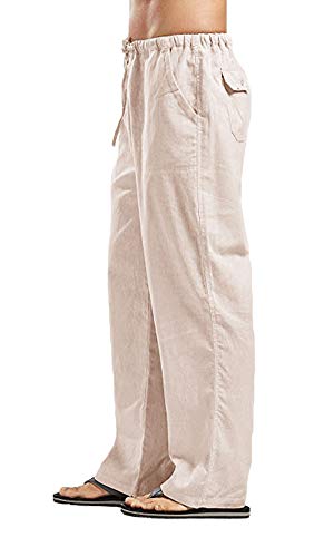 Men's Casual Pants Loose Linen Yoga Pants Straight Legs Elastic Waist Beach Pants with Pockets