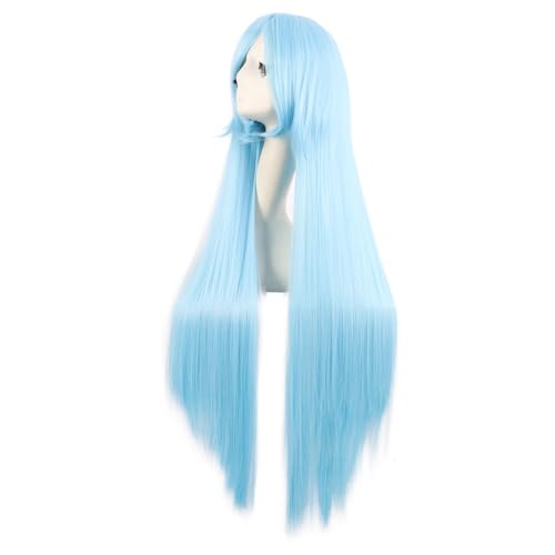 Image of MapofBeauty 40 Inch Oblique Bangs Anime Long Straight Wig, White /Azure Blue