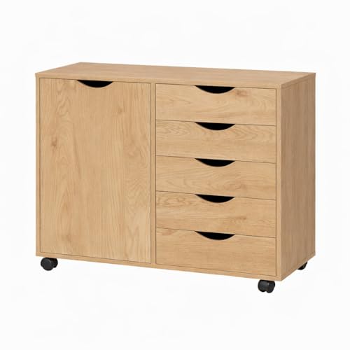 Naomi Home Wooden 5 Drawer Dresser with Cabinet Shelves and