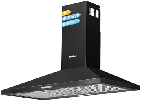 COMFEE' 90 cm Chimney Cooker Hood PYRA17B-90 Extractor Hood with LED and Recirculating & Ducting System Wall Mounted Range Hood 900 mm Extractor Fan - Black