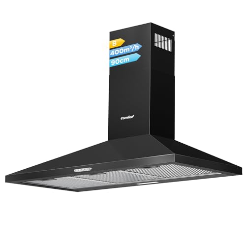 COMFEE' 90 cm Chimney Cooker Hood PYRA17B-90 Extractor Hood with LED and Recirculating & Ducting System Wall Mounted Range Hood 900 mm Extractor Fan - Black