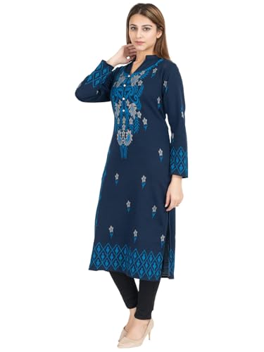 Image of Rosary Women's Winter Wear Jacquard Woolen Straight Kurti with 2 Side Pockets