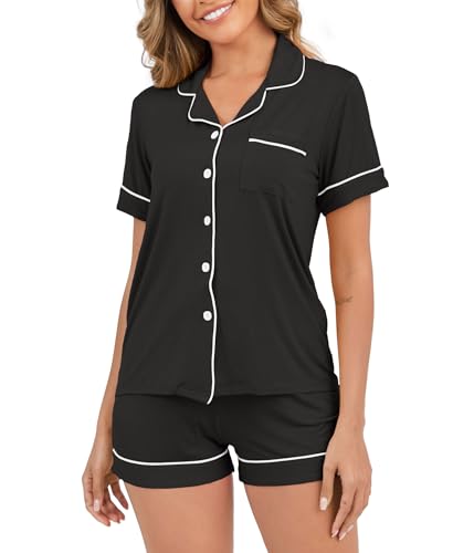 Image of Womens Pajamas Set Short Sleeve Sleepwear Button Down Pjs Shorts Set Soft Pjs Lounge Set With Pockets