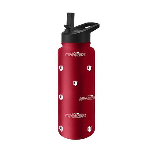 Image of Logo Brands NCAA Indiana Hoosiers Step & Repeat 34 oz Stainless Steel Quencher Bottle - All Over Logo Design, No-Spill Lid, Easy Carry Handle - Keeps Drinks Cold For Hours