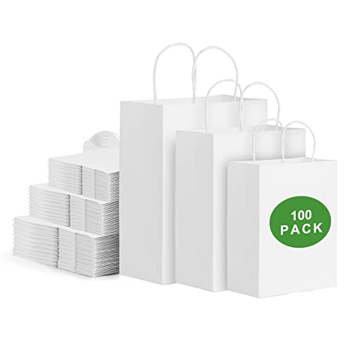 Lot de 100 sacs en papier kraft blanc avec poignées - Sacs cadeaux de tailles mixtes pour les travaux manuels, courses, fêtes, anniversaires, mariages,...