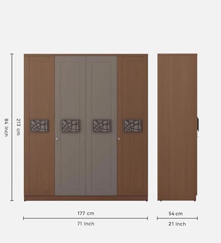 Image of Mintwud Pepperfry Engineered Wood Wardrobe with 4 Doors Storage and 2 Hanging Rod | Wooden Almirah Cupboard for Clothes Storage Organizer for Living Room Home Furniture (Oak, Sahara Beigh Finish)