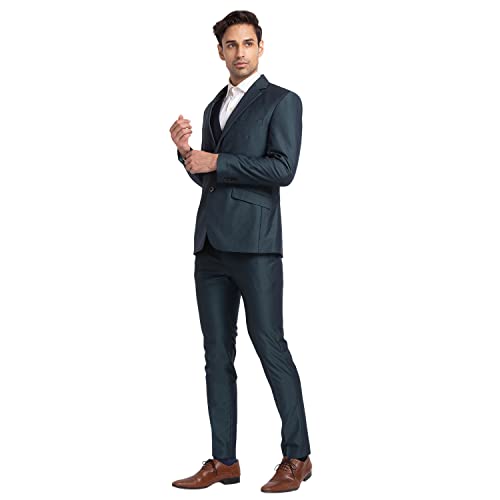 Image of Park Avenue Men's Super Slim Fit Terry Rayon Blend Peak Lapel Jacquard Pattern Full Sleeve Dark Blue Ceremonial Suit
