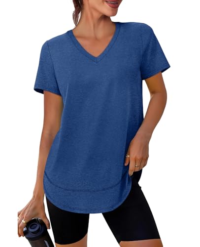 Spring Summer Tops for Women Short Sleeve Hiking Shirts Athleisure Golf Shirt Beach Fashion Curved Hem Loose Fit V Neck Blue 2XL