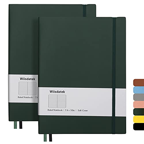 Wiisdatek B5 College-Notizbücher, liniert, B5, großes Tagebuch, Notizbücher mit 376 nummerierten Seiten, 100 g/m² dickes, liniertes Papier, weicher PU-Ledereinband, 7,6 x 25,4 cm, Grün, 2 Stück