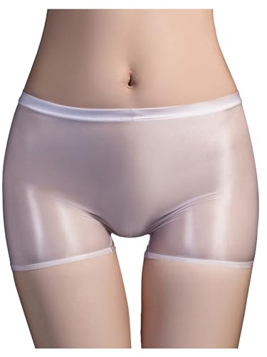 Freebily Damen Durchsichtige Shorts Unterwäsche Sexy Öl-Glanz Panties Boxer Briefs Stretch Nylon Unterhose Boyleg Schlüpfer Reizwäsche Weiß Einheitsgröße