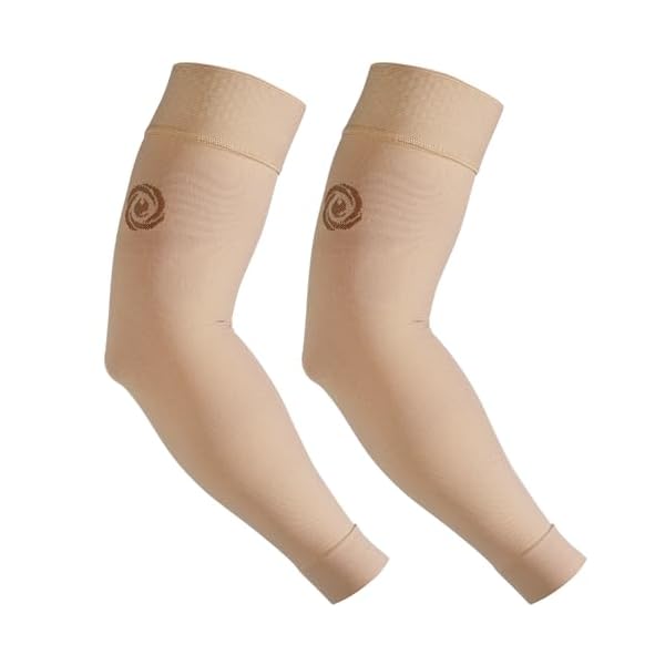 NURCOM® Medical Compression Arm Sleeve for Men Women, 2 Pack, No Silicone, Soft-in 20-30mmHg for Lymphedema, Lipedema, Pain Relief, Edema, Swelling, Post Surgery Recovery, Beige L