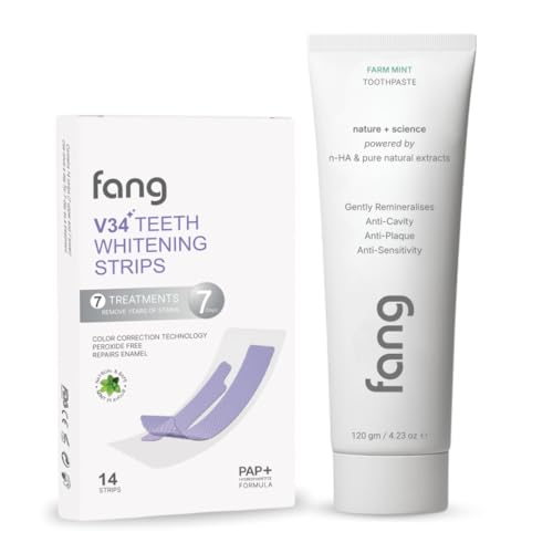 Image of Toothpaste Combo Pack |Fluoride Free Hydroxyapatite, Teeth Whitening, Heals Sensitive Teeth, Fights Cavities, Gum Diseases, Bad Breath, SLS & Chemical Free (Pack of 2, Farm Mint Toothpaste & V34 Teeth Whitening 7 Strips)