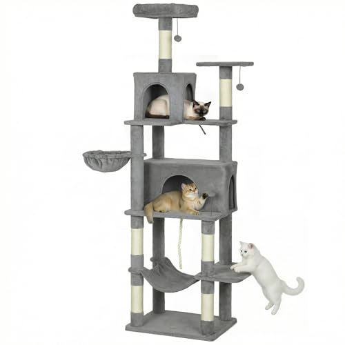PawHut Cat Tree, 80' Large Cat Tower for Indoor Kittens with 2 Spacious Condos, Sisal Scratching Posts, 2 Hanging Balls, Comfy Hammock, Perches, Bed, Dark Gray