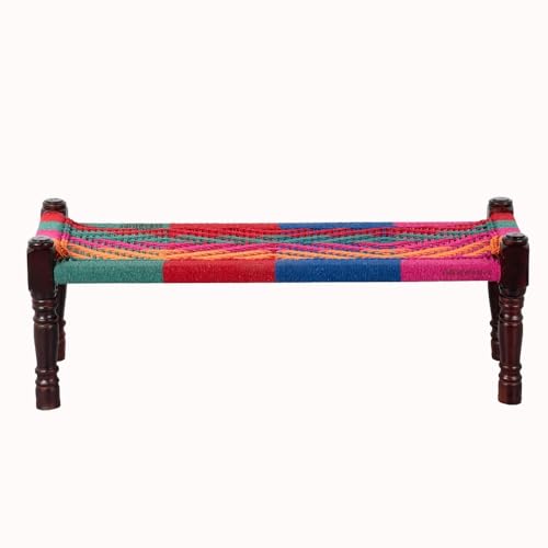 Image of JAE Furniture FURNWEAVE Wooden Bench for Seating | Handcrafted Sheesham Wood Bench for Living Room, Balcony & Garden | Traditional Patio for Outdoor with Cotton Handwoven Rope | Colorful