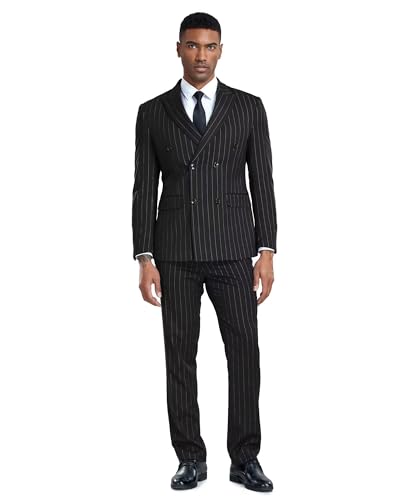 Mens Pinstripe Suit 2 Piece Double Breasted Suit Slim Fit Suits Wedingg Prom Party Suit Set Casual Business Suit
