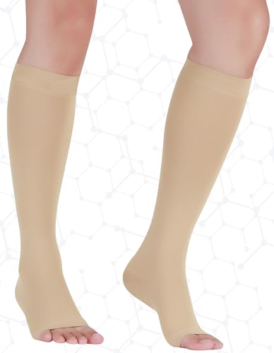 Image of +MD 2 Pairs 20-30 mmHg Compression Socks for Women & Men, Knee High Open Toe Stockings, Graduated Support & Comfort Hose