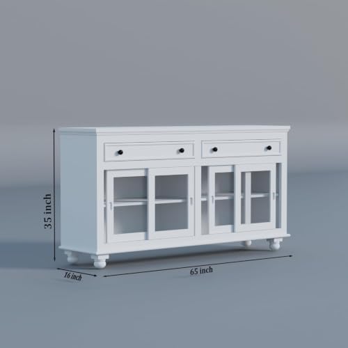 Image of Solid Sheesham Wood Deco White Finish Crockery Cabinet Kitchen Display Unit | 4 Sliding Acrylic Glass Doors & 2 Drawers Sideboard Buffet Cupboard Storage Furniture Dining Living Room & Entryway Areas