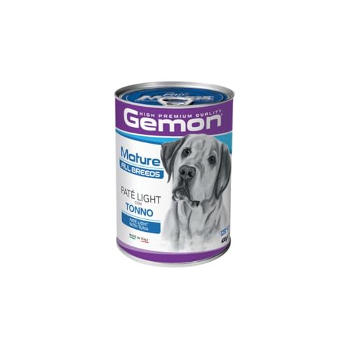 Gemon Umido Cane Patè Adult Light Mature All Breeds gusto TONNO, morbido patè per cani anziani, alimento completo | 12 scatolette da 400 grammi l’una.