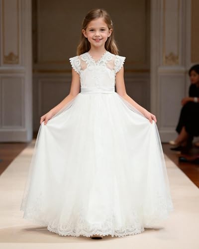 YALLET Flower Girl Dress Satin Sleeveless Back V-Neck Girls Formal Dress Lace Tulle Girls Ball Gown with Bow for Wedding Prom - Image 4