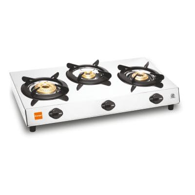 Image of Orange 3 Burner Gas Stove Stainless Steel Shine Manual | Silver | Spill Proof | Ergonomic Knobs | Tri-Pin Brass Burners (ISI Certified)