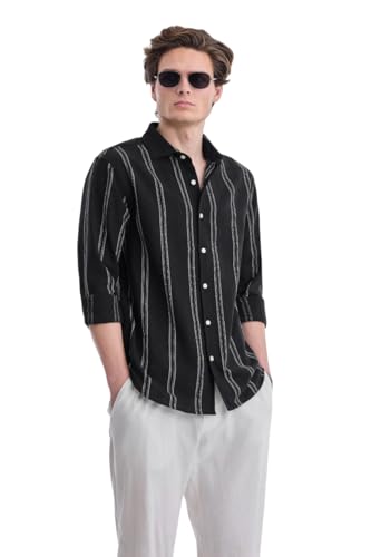 Image of SNITCH Men Casual Shirt for Smart & Everyday Wear | Regular Fit Full Sleeve Point Collar Striped Pattern | Breathable Cotton Blend Fabric for All Day Comfort | Black