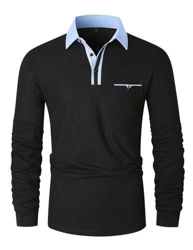 LIUPMWE Mode Polo Homme Manche Longue Cotton Casual T-Shirt Slim Fit Tops S-3XL,Noir-YT43,XL