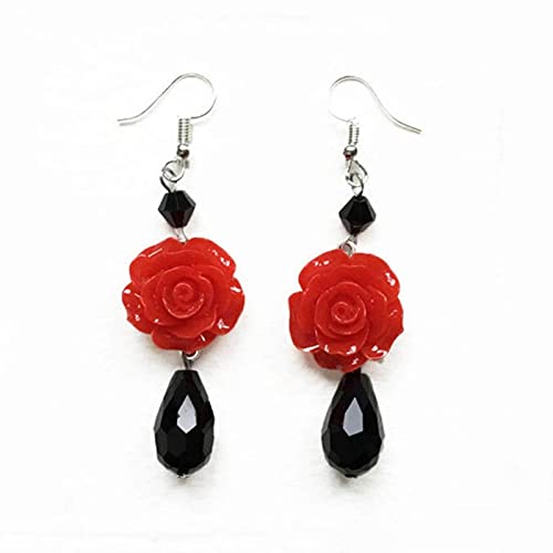 Nicey Boucles d'oreilles en Rose Noire avec Perles Rouges, Bijoux Rockabilly, Cadeau Romantique Valentine pour Elle, Bijoux Floraux, Gothique Victorien Weddin Cover