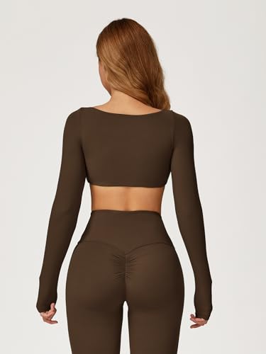 Image of ABOCIW Women Square Neck Long Sleeve Workout Crop Top Low Medium Impact Athletic Yoga Gym Shirts with Built in Bra(ONLY TOP)