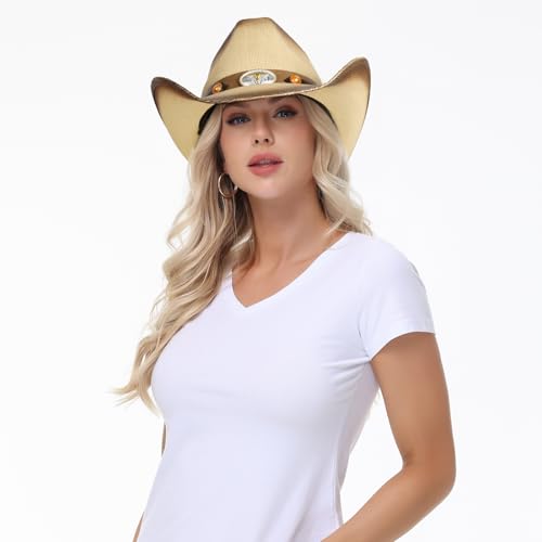 Image of WQWOVRVO Cowboy Hat,Cowgirl Hat,Western Cowboy Hats for Women /Mens /Straw Wide with Shapeable Brim Cowboy Hat for Womens