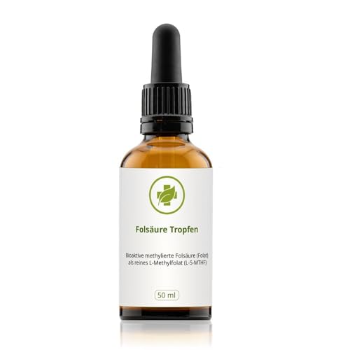 Folsäure Tropfen 50 ml - 400 µg pro Tagesdosis - mit hochaktiver Folsäure-Form Methylfolat - 100% vegan, ohne Zusätze - Deutsche Herstellung