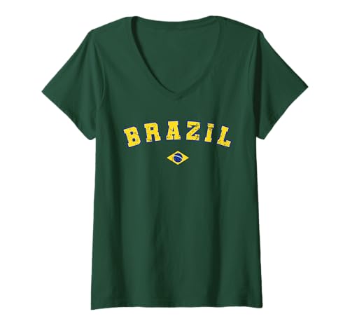 Femme Drapeau Cadeau Brésil Ventilateur Brésil Vintage Samba T-Shirt avec Col en V