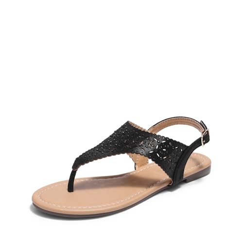 DREAM PAIRS Women's Rhinestone Casual Wear Cute Gladiator Flat Sandals Beach Dressy T-Strap Thong Sandals,Size 8.5,Black,MEDINIE