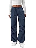 COPYLEAF Cargo Pants Women Elastic Waisted Parachute Hiking Pants with Pockets Water-Resistant Lightweight Baggy Pants(Navy Blue M)