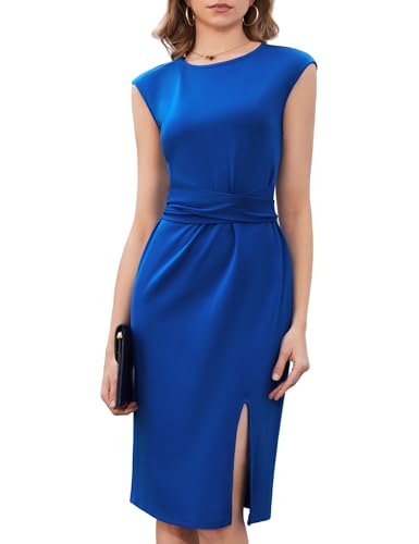 Dressystar 2025 Summer Women’s Crew Neck Belted Side Slit Business Work Dress Cap Sleeve Sheath Midi Church Dresses Royal Blue M