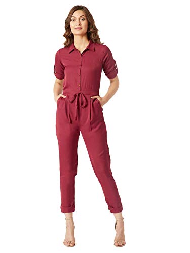 Miss Olive Women’S Polyester Regular Jumpsuit (Moss19D30-64-143_Maroon_S)